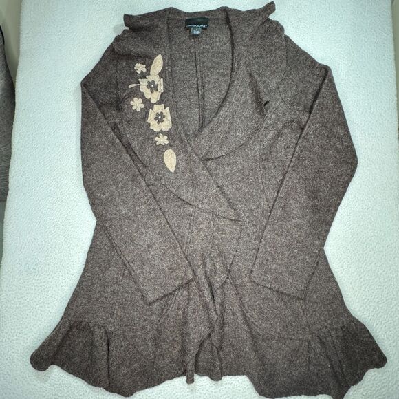 Cynthia Rowley Sweater Womens Size L Cardigan Brown Floral Overlay 100% Wool - Picture 3 of 8